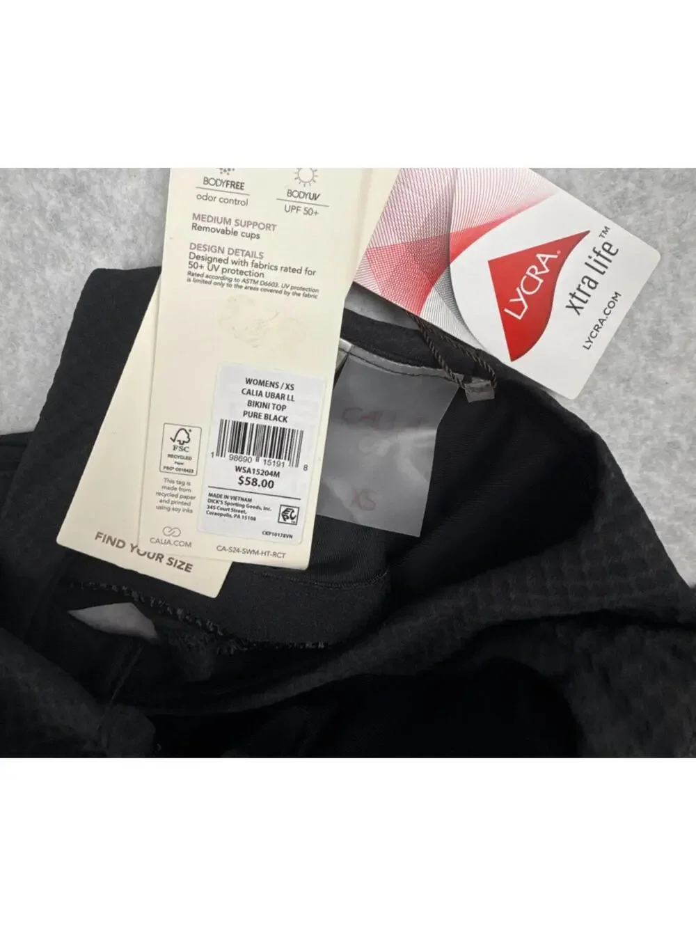 Calia‎ Womens XS Pure Black U Bar Longline Textured Bikini Top NWT